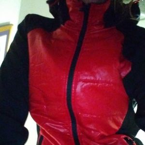 Weather Tamer extreme red patent puff on nylon sleek black. W hood and cinches